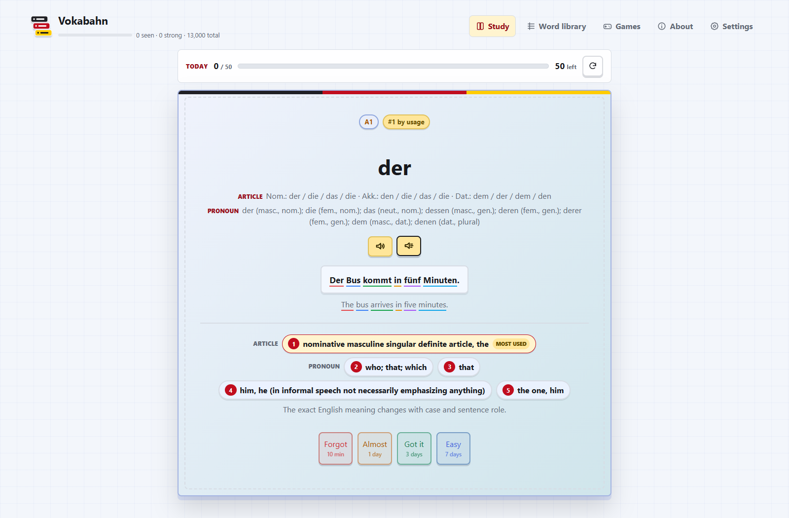 Vokabahn German spaced-repetition flashcard showing grammar, pronunciation audio, an everyday sentence, and multiple English meanings